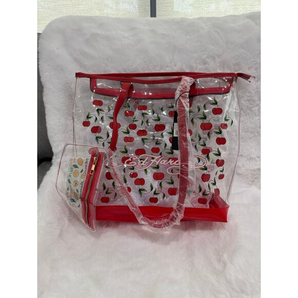 🍒 Ed Hardy Cherry Print Clear Tote Bag with Pouch – Red Cherries - Picture 1 of 6